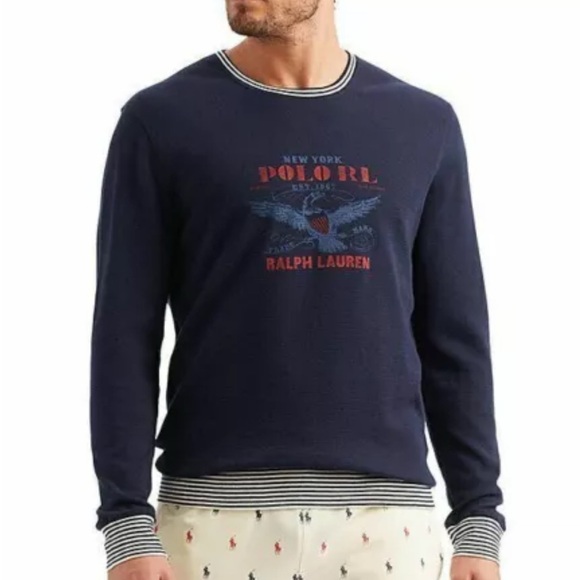 Polo Ralph Lauren Navy Polo Eagle Logo Waffle Knit Crew Long Sleeve size Small - Picture 1 of 9